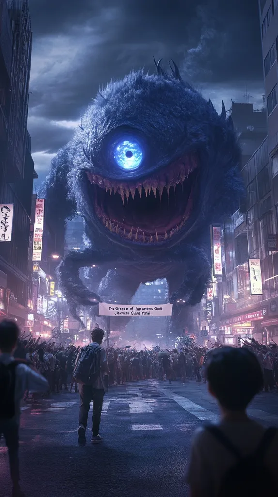 A giant, blue, furry creature with one large eye looms over a city street. The creature's mouth is open in a menacing grin, revealing sharp teeth. A crowd of people look up in fear, while two figures stand in the foreground, one with their back to the viewer and the other looking directly at the monster. A sign in front of the viewer reads "The Greeds of Japanese Giant, Jaantse Giant Yoal". The scene is dark and ominous, with the monster casting a large shadow over the street.