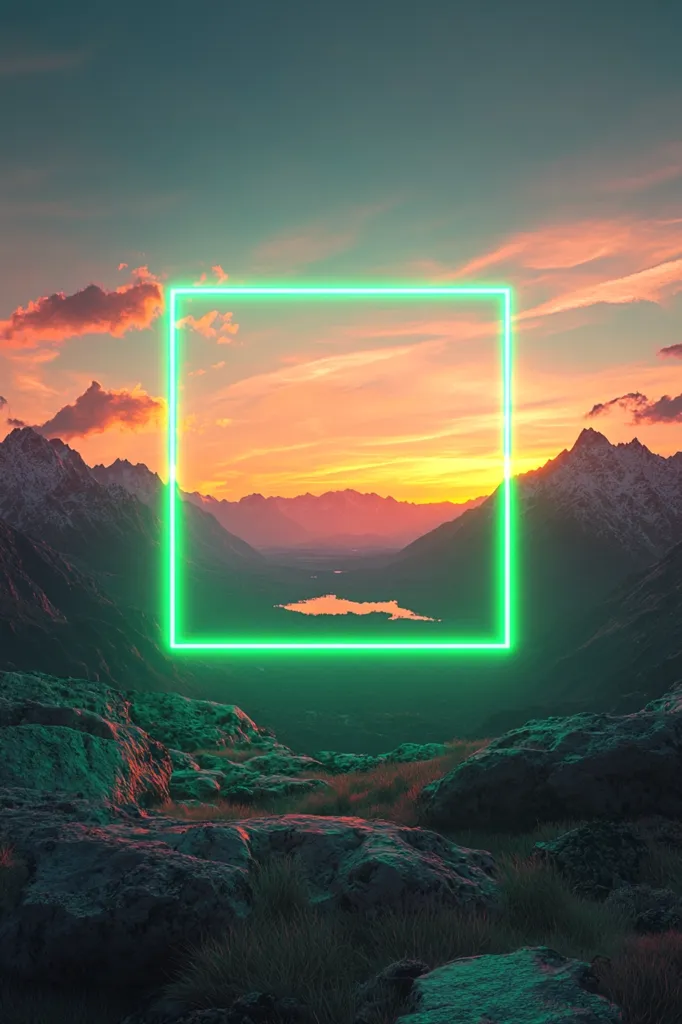 A glowing green rectangle frames a mountainous landscape at sunset. The mountains are silhouetted against an orange and pink sky, with a small lake visible in the distance. The foreground is filled with rocks and green grass. The image is a beautiful example of nature's beauty and the power of light.