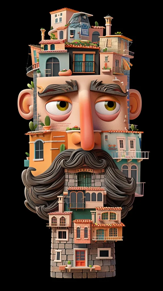 A 3D illustration of a man's face.  His features are formed from buildings, with his nose being the most prominent feature.  His face is surrounded by a bushy beard, also formed from buildings.  The man's eyes are wide open, as if looking out at something.  The buildings are all brightly colored and have windows and balconies.  The background is a deep black.  The artwork is a playful take on the concept of "city life."