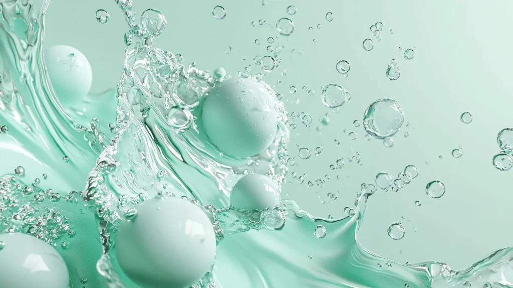 A close-up of a swirling green liquid with air bubbles. There are several large, opaque spheres partially submerged in the water, creating a sense of movement and fluidity. The image is shot from a top-down perspective and has a light, airy feel.