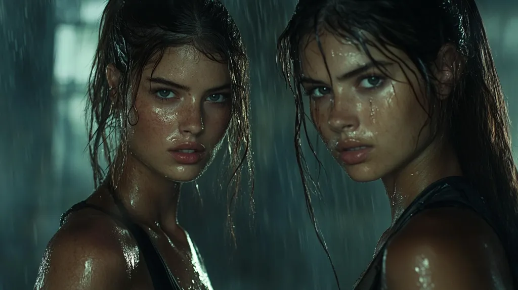 Two young women with long, wet hair stand side-by-side, their faces turned towards the camera. They are both wet, with water dripping down their faces and bodies. Their expressions are serious and determined. The background is a dark, blurry green, suggesting a natural environment. The lighting is dramatic, highlighting the women's faces and wet skin. The overall mood is intense and slightly unsettling.
