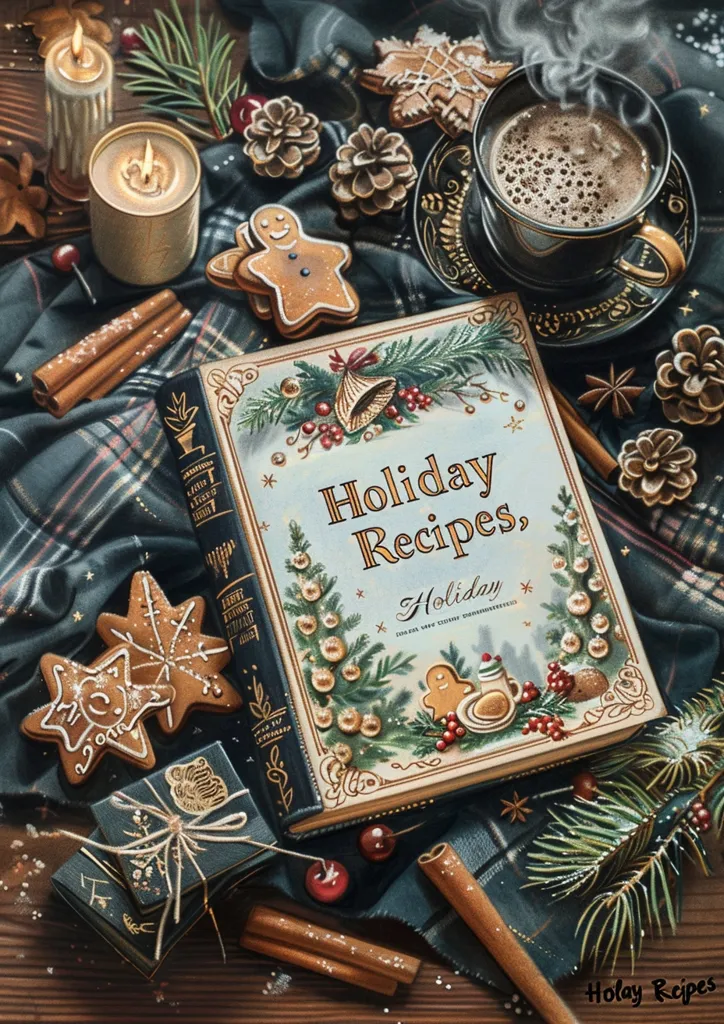 The image is a still life featuring a vintage cookbook titled "Holiday Recipes,"  surrounded by festive holiday elements. There are gingerbread cookies, cinnamon sticks, pine cones, candles, a steaming cup of coffee, red berries, and a green plaid blanket. The overall aesthetic is cozy and warm, evoking a sense of holiday cheer and traditional baking.