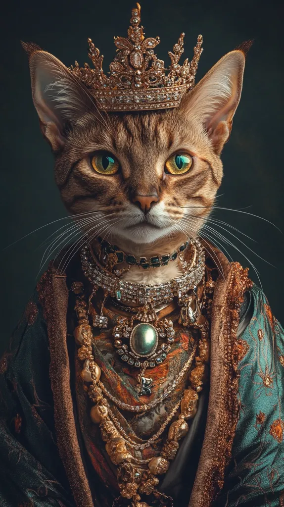 A tabby cat is dressed in a regal costume, sporting a gold crown adorned with sparkling jewels. The cat has a serious expression, and its golden eyes seem to hold a hint of wisdom. The feline is adorned with an elaborate necklace, featuring a large, green gemstone and chains of gold and diamonds. The cat is a majestic and powerful figure, suggesting a royal lineage.