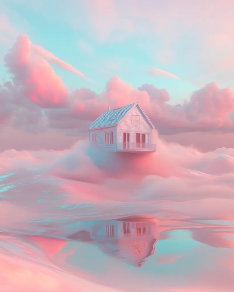 A white house sits atop a fluffy cloud, nestled amongst pastel pink and blue clouds. The house is reflected in the still, blue water below, creating a dreamy and surreal scene. The soft lighting and gentle color palette evoke a sense of peace and tranquility.