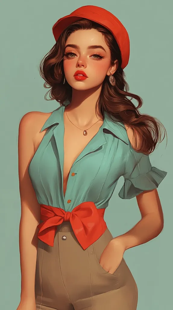 A woman with long brown hair, wearing a red hat and a teal shirt with a large red bow. She has a delicate gold necklace around her neck and is standing with one hand in her pocket. The background is a pale blue-green.  The image is stylized and reminiscent of vintage pin-up art.