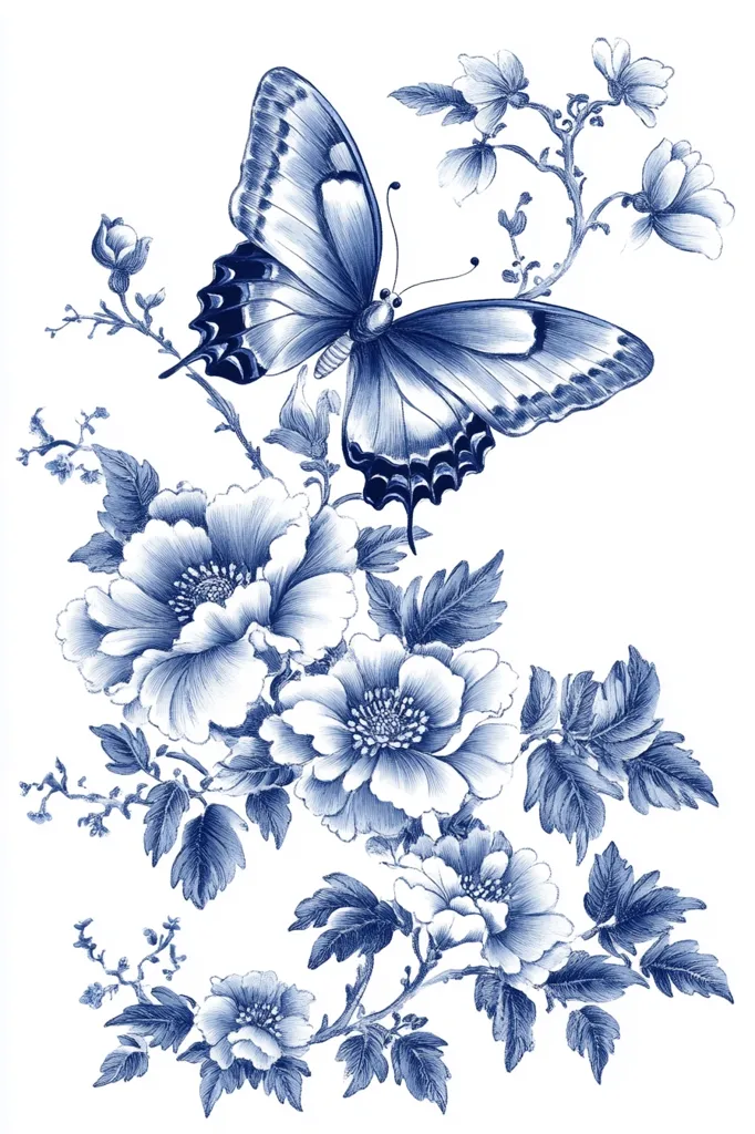 The image depicts a delicate blue and white floral arrangement with a butterfly. The butterfly, with its wings spread wide, is perched on a branch of delicate blue flowers, surrounded by lush leaves. The design evokes a sense of elegance and tranquility, reminiscent of classic blue and white porcelain.