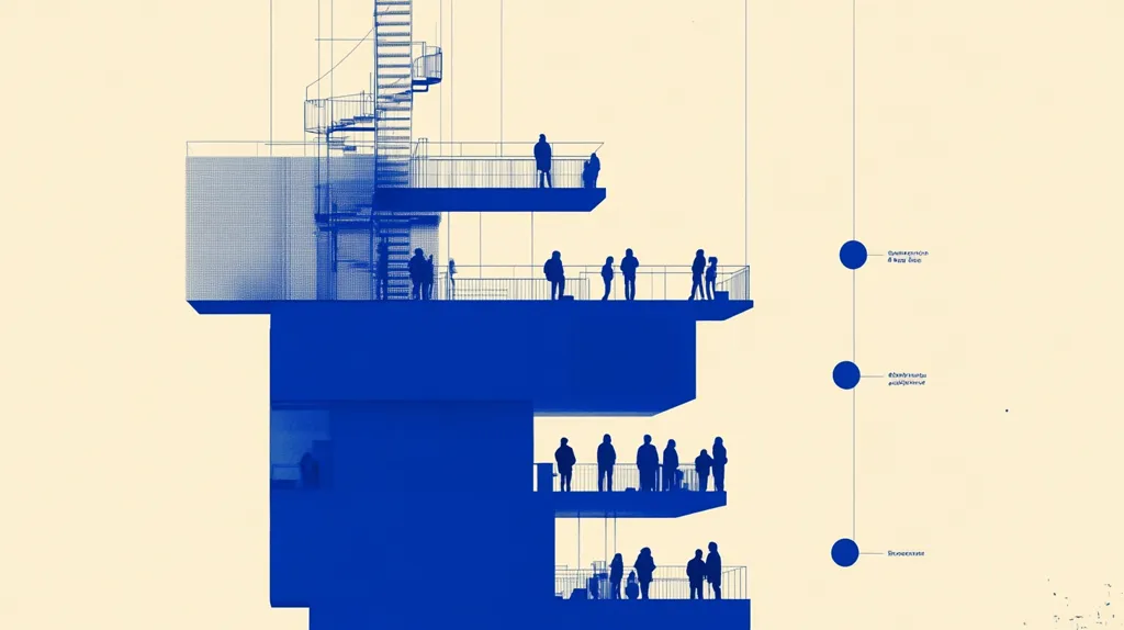 The image is a blue and white architectural drawing of a multi-level building with a spiral staircase.  The building has multiple balconies, each with silhouettes of people standing on them. The building is set against a pale yellow background with blue circles and lines labeled in Cyrillic script.