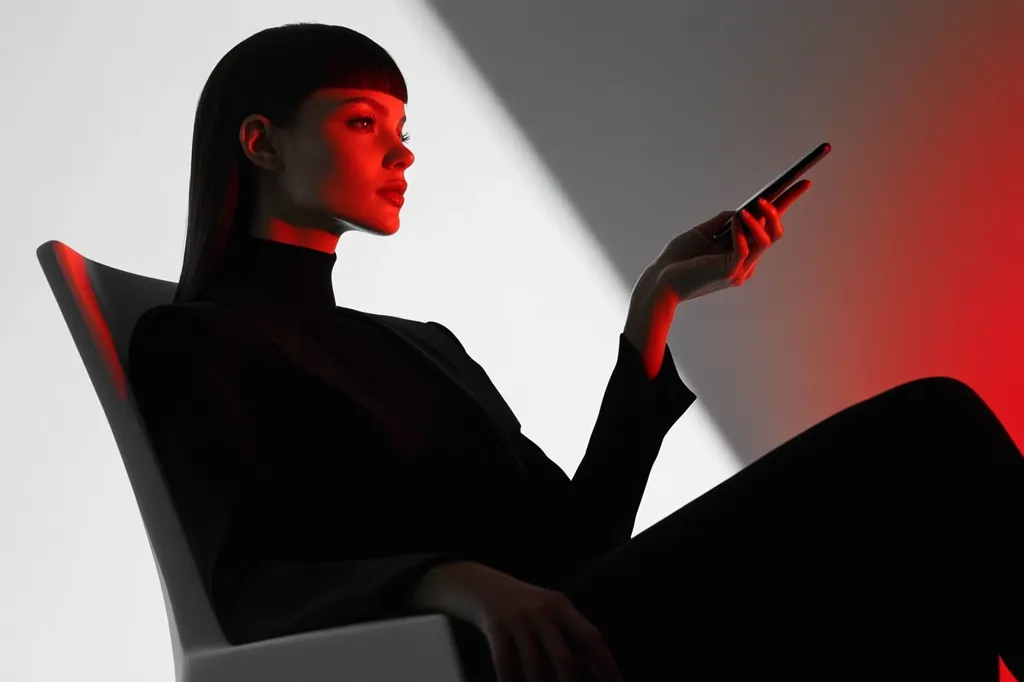 A woman in a black suit sits in a chair with a phone in her hand. The light behind her is red and casts a dramatic silhouette on her. The woman's face is in profile and she is looking away from the camera. She is relaxed and confident.