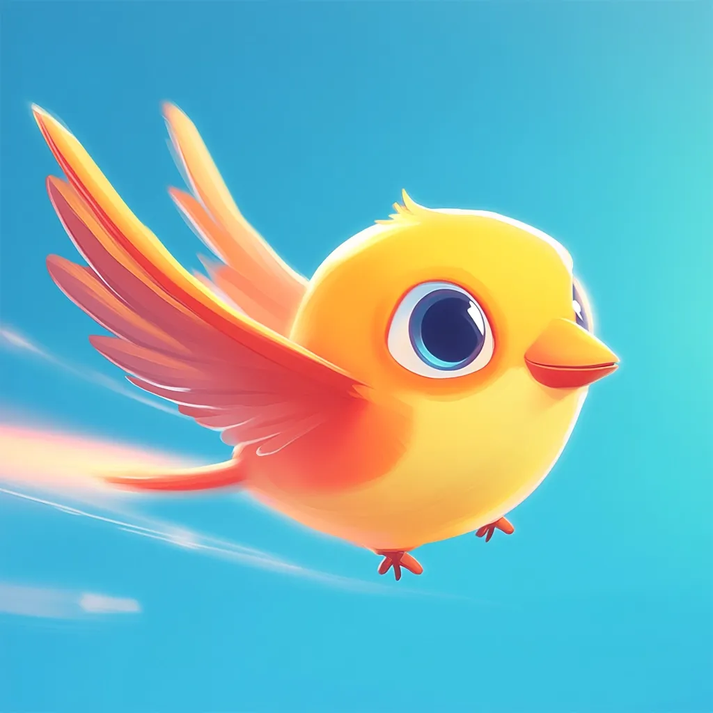 A cartoon yellow bird with big, round eyes flies through a bright blue sky. Its wings are spread wide, and its body is tilted slightly forward as it soars through the air. The bird appears happy and carefree, with a slight smile on its beak. The sky is clear and blue, with a few wispy clouds in the distance. The bird is surrounded by a soft, glowing light. It looks as though it is about to sing.