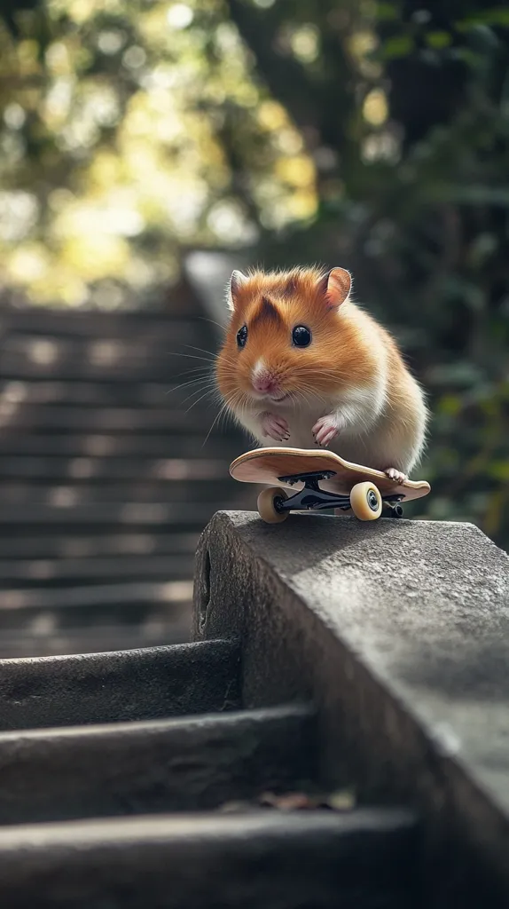 A small, brown hamster with white fur around its nose and belly is riding a miniature skateboard on a wooden ramp. The hamster is looking directly at the camera, and its ears are perked up. The skateboard is black and white with small, red wheels. The background is blurred and out of focus, showing a wooden staircase and green trees. The image is a whimsical and cute depiction of a hamster enjoying a skateboard.