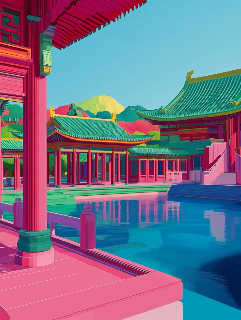 A vibrant, colorful illustration of a traditional Chinese temple complex.  The image features a bright pink and green temple with a large, blue reflecting pool in the center. The sky is a clear, light blue. The scene is rendered in a stylized, almost cartoonish fashion, with bold colors and sharp lines. The overall impression is one of peace and tranquility.