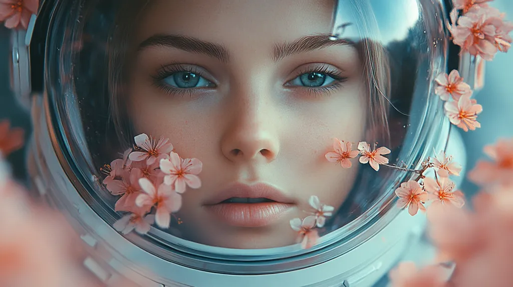 A close-up portrait of a woman's face, framed by a white astronaut helmet and delicate pink blossoms. The woman's eyes are wide and full of wonder, her lips slightly parted. The flowers add a touch of softness and femininity to the image, suggesting a sense of hope and possibility.  The helmet, however, hints at a journey into the unknown. The image is both dreamy and intriguing.