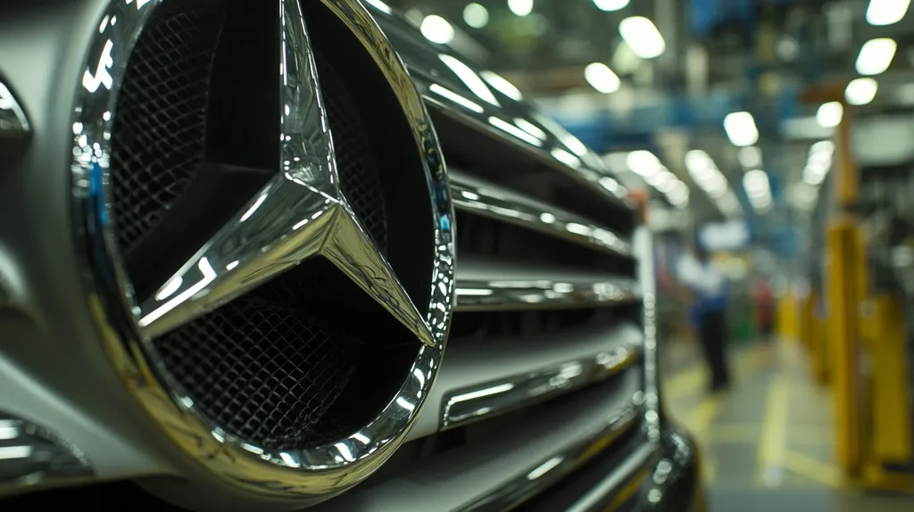A close-up shot of a Mercedes-Benz car's front grille. The iconic three-pointed star emblem is prominently displayed, reflecting light from an industrial setting. The chrome finish gleams, contrasting with the black grille mesh. The blurred background suggests a factory or assembly line.