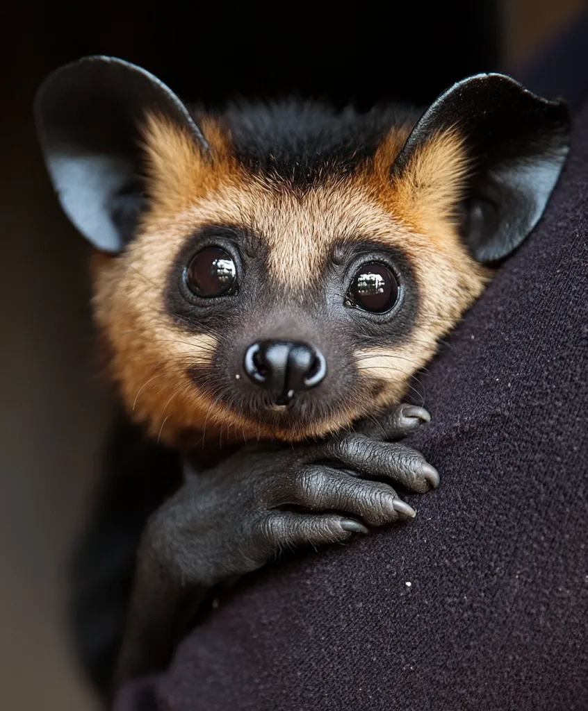 A close-up of a bat with large, dark eyes and a black nose. It has black fur on its head and back, and light brown fur on its face and chest. The bat is holding onto a dark garment with its clawed hands. The bat's eyes are wide open, and it looks curious and alert.