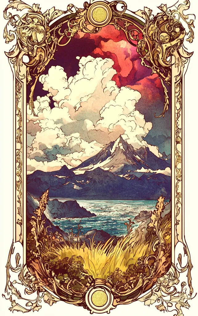 The image is a vintage illustration framed with ornate gold filigree. It depicts a mountainous landscape with a snow-capped peak, a calm body of water, and a fluffy sky filled with clouds. The sky is a vibrant red and orange, suggesting a sunset.  The artistic style is reminiscent of Art Nouveau or Art Deco.