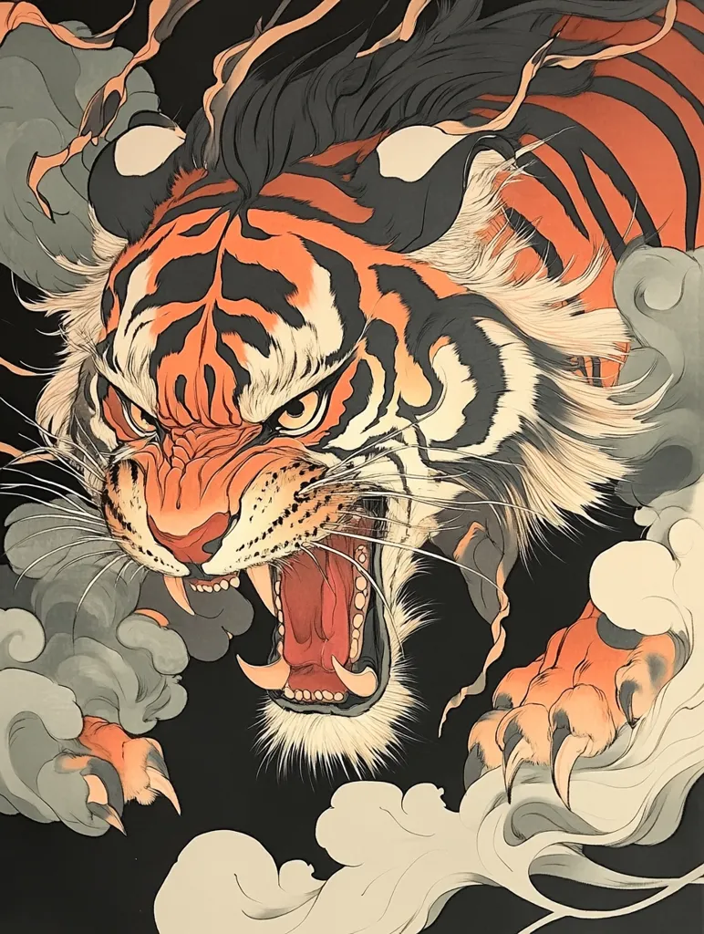 A ferocious tiger with orange and black stripes is depicted in a close-up shot, its mouth wide open in a fierce roar. Its sharp teeth and claws are prominent, and its eyes are narrowed with a menacing glare. The background features swirling smoke, adding to the intensity of the scene. The tiger's fur is meticulously detailed, and the artwork evokes a sense of power and aggression.