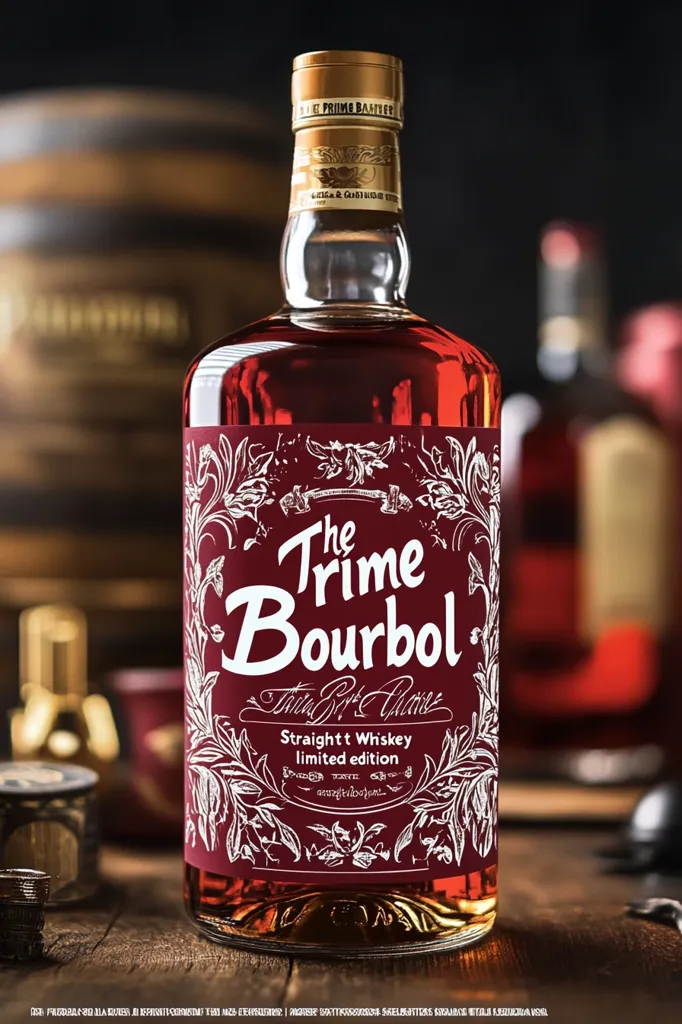 The image shows a bottle of "The Trime Bourbol" straight whiskey, a limited edition. The bottle has a red label with white lettering and intricate designs, including floral motifs. The label also states "Thick By Choice." The bottle is sitting on a wooden surface with a barrel and other objects in the background. The image evokes a sense of luxury and craftsmanship, highlighting the unique and limited-edition nature of the whiskey.