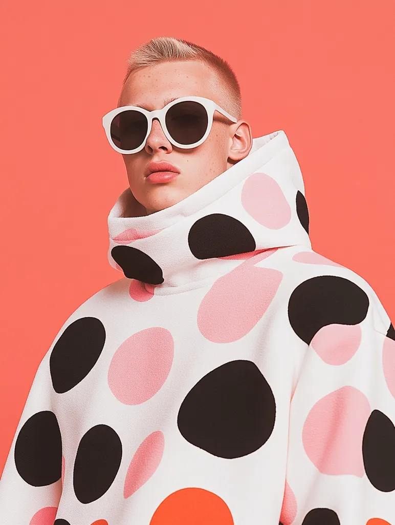 A young man with short blond hair is wearing a white polka-dot sweater with black and pink polka dots. He is wearing white sunglasses and has a serious expression on his face. He is standing in front of a solid orange background.  The image is likely a fashion photograph.