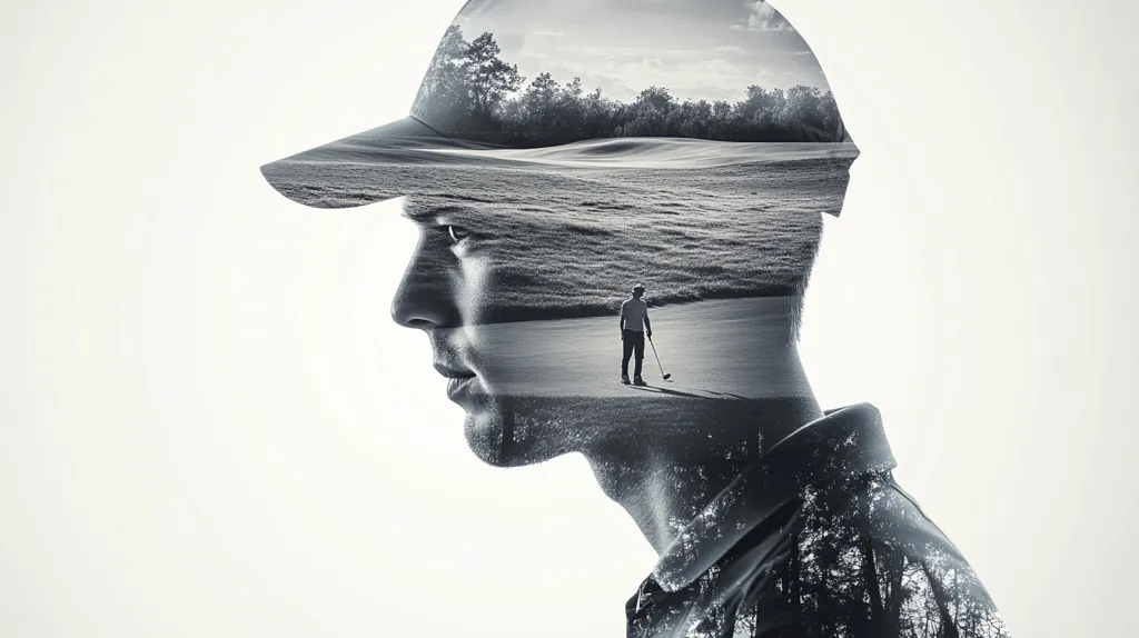 The image is a double exposure of a man's face and a golf course. The man's profile is visible, while the golf course is overlaid on top of his face. The image is in black and white, creating a dramatic and moody effect. The golf course is visible in the background, with a golfer standing on the green. The image suggests that the man is passionate about golf, and that it is a part of his identity.