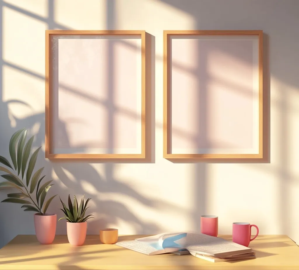 Two empty picture frames hang side by side on a white wall, bathed in warm sunlight that casts shadows. A book lies open on a wooden table below, with two pink mugs and a small plant in a pot. A larger plant with green leaves stands to the left of the frame, reaching towards the light. The scene is peaceful and inviting, with a minimalist aesthetic.