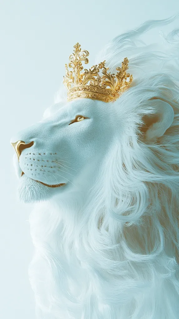 A majestic white lion with flowing mane is adorned with a golden crown, its eyes looking directly at the viewer.  The crown is intricate, with elaborate designs and swirls. The lion's fur is soft and fluffy, creating a luxurious and regal aesthetic. The background is a soft blue, emphasizing the lion's powerful presence. The image conveys strength, beauty, and nobility.