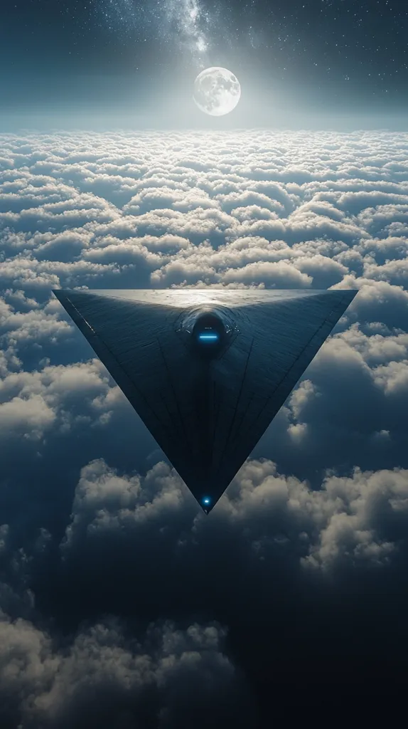A large, triangular spacecraft hovers above a blanket of white clouds. The craft is dark grey and appears to be made of metal. A bright light shines from the front of the craft. The moon hangs in the night sky above, with a few stars visible. The image evokes a sense of mystery and wonder.