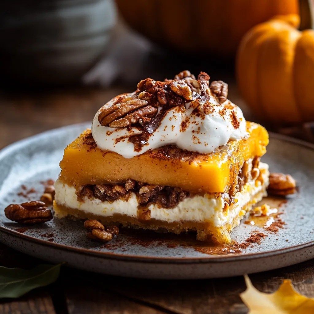A slice of pumpkin cheesecake sits on a gray plate, garnished with pecans and a dusting of cinnamon. The cheesecake has layers of pumpkin, cream cheese, and pecan crumble, creating a visually appealing dessert with a warm and comforting appearance. The soft lighting highlights the rich colors and textures of the dessert.  A blurred pumpkin sits in the background, suggesting the seasonal nature of the treat.