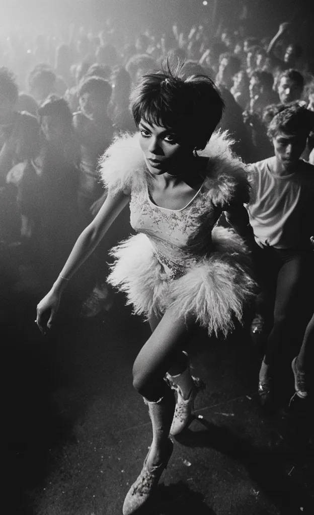 A woman in a white, feathery dress and boots is dancing in a crowded nightclub.  The image is black and white, and the lighting is dim, creating a moody atmosphere.  The woman's expression is intense, and her eyes are focused on something beyond the frame.  The crowd is blurred and indistinct, suggesting a sense of movement and energy.  The image captures a moment of intense energy and excitement, suggesting the raw power of music and dancing.