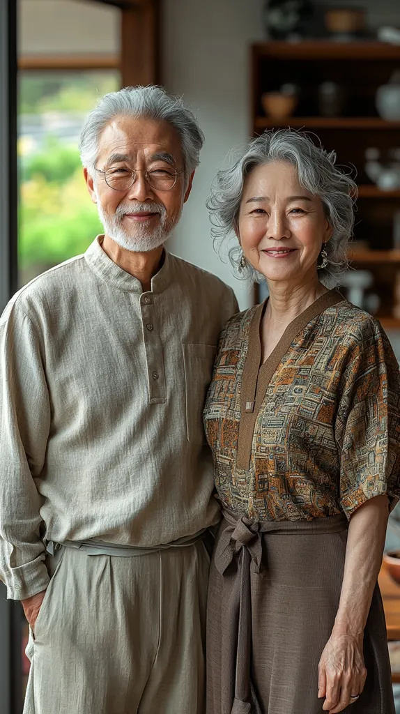 An elderly couple stands side-by-side, smiling warmly. The man, with salt and pepper hair, wears a light beige shirt and pants.  The woman, also with grey hair, is dressed in a brown patterned blouse and a matching skirt with a bow. The couple’s relaxed posture and joyful expressions suggest a comfortable and loving relationship. The background features a wooden shelf with objects blurred.  The overall mood of the image is one of contentment and companionship.