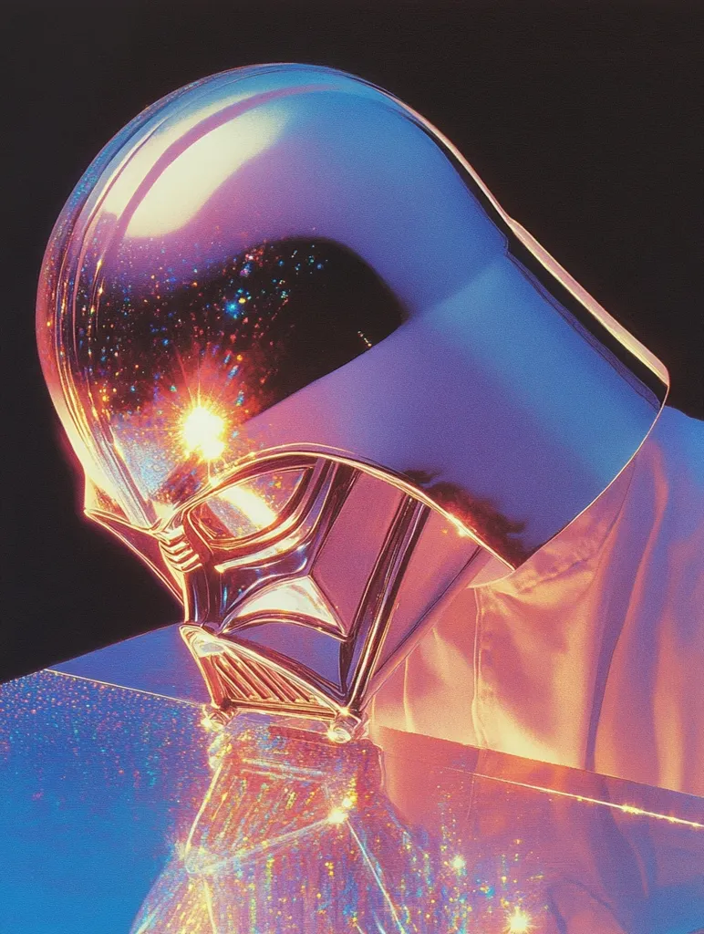 The image shows Darth Vader's helmet in a holographic style. The helmet is metallic and reflects a spectrum of colors, creating a glittery, almost ethereal effect. The helmet is tilted down, revealing the dark, menacing face of the iconic villain. The background is a gradient of blues and purples, adding to the futuristic and otherworldly atmosphere. The image evokes a sense of power and mystery, while the vibrant colors and shimmering details bring a playful and modern touch to the classic character.