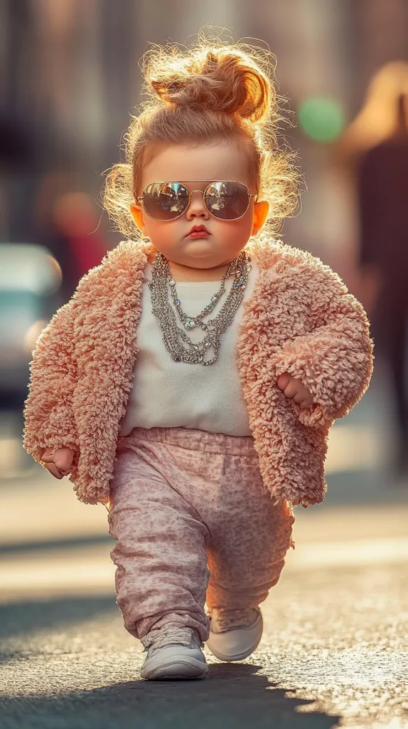 A young girl with blonde hair in a messy bun, wearing a fluffy pink jacket and oversized sunglasses, walks down a street. She has a serious expression on her face and is wearing a white shirt, a layered silver necklace, and pink pants. Her white shoes are visible as she takes a step.  The image captures a sense of innocence and style.