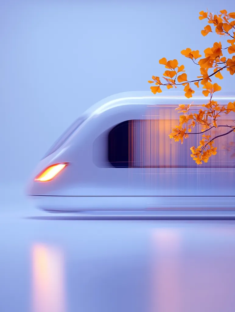 A sleek, white high-speed train with a blurred window glides across a lavender background. A branch of bright orange leaves extends from the top of the image, reaching towards the train. The train's headlight glows softly, creating a sense of motion and speed. The overall image is minimal and futuristic.