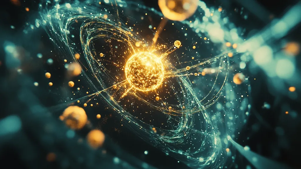 The image depicts a glowing, golden orb surrounded by swirling, teal lines of energy. The orb is emitting a bright light, illuminating the surrounding space. The background is a dark, almost black, color, making the orb and its energy lines stand out. There are small, golden orbs scattered throughout the image, adding to the sense of cosmic energy. The overall impression is one of a vibrant, dynamic energy system.