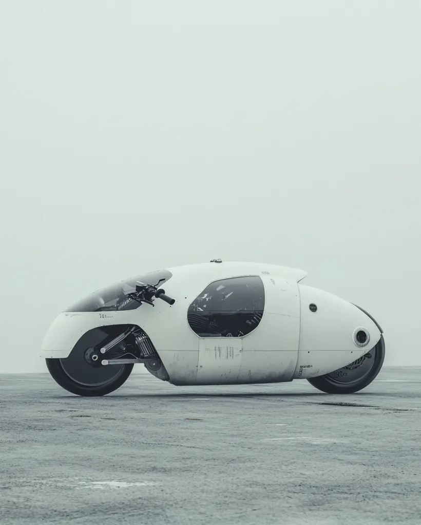 A futuristic white motorcycle with a sleek, aerodynamic design. It features a large, enclosed cockpit and a single wheel on the front. The motorcycle is parked on a concrete surface against a muted background.  The smooth, rounded lines and the white paint give the motorcycle a clean and modern aesthetic.