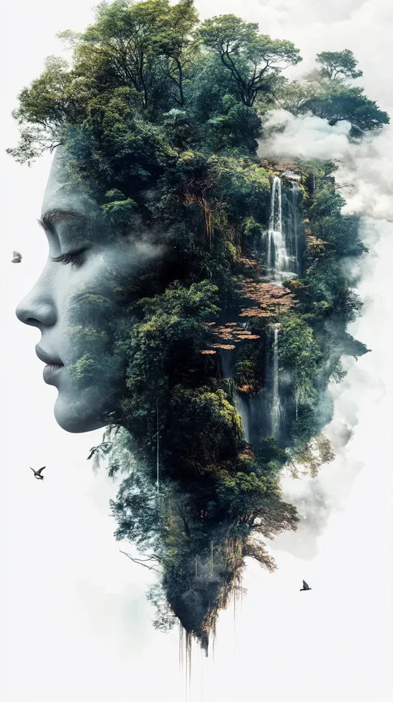 A woman's face is overlaid with a lush, verdant waterfall cascading down a cliffside.  The image is a surreal fusion of nature and human features, evoking a sense of mystery and the interconnectedness of all things.  The flowing water and lush greenery create a sense of tranquility and serenity.  The woman's closed eyes suggest a state of peaceful reflection, perhaps lost in thought or meditating on the beauty surrounding her.  The overall effect is dreamlike and suggestive of the power and beauty of the natural world.