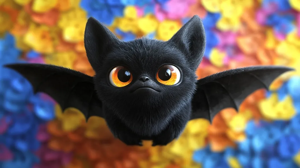 A cute, cartoon bat with large, orange eyes and a black, furry body is flying against a colorful background. The bat has a small, black nose and a serious expression. The background is a blur of yellow, blue, and pink flowers. The bat's wings are outstretched as it flies.  The image is bright and playful.
