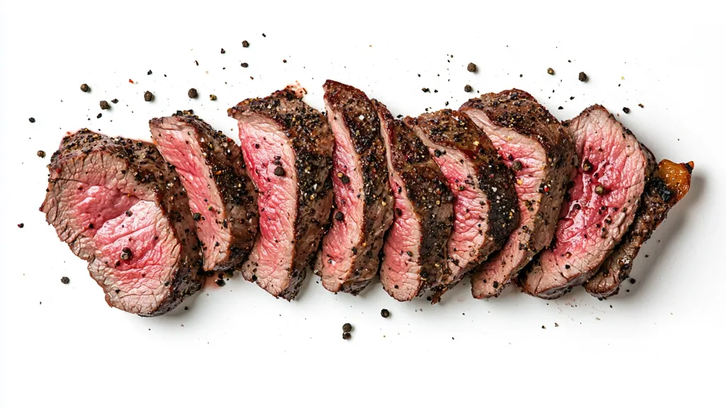 A close-up shot of eight thick slices of seared and peppered steak, arranged in a row on a white surface. The meat is cooked to a medium-rare doneness, with a pink center and a crispy outer crust. The image is taken from a top-down angle, showcasing the texture and detail of the steak.