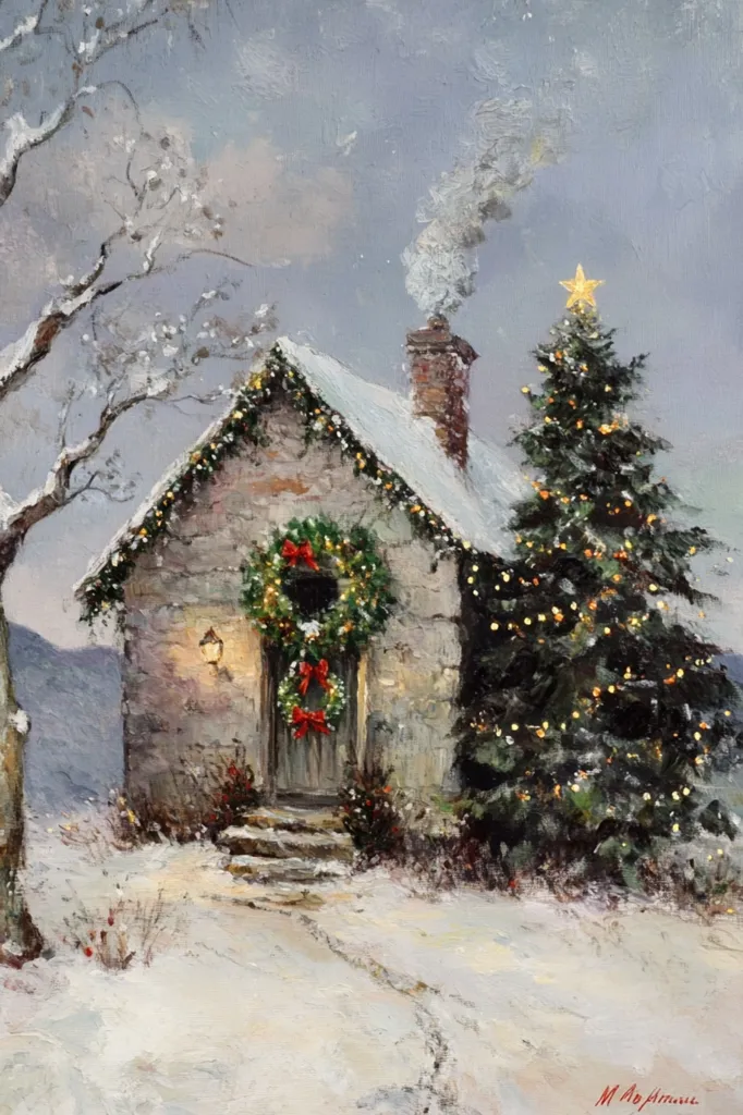 The painting depicts a cozy stone cottage nestled in a snowy landscape. It is adorned with Christmas lights and wreaths, creating a festive atmosphere. A decorated Christmas tree stands tall beside the cottage, its twinkling lights illuminating the scene. The smoke from the chimney adds to the charm of the winter wonderland. The image evokes feelings of warmth, comfort, and the magic of the holiday season.