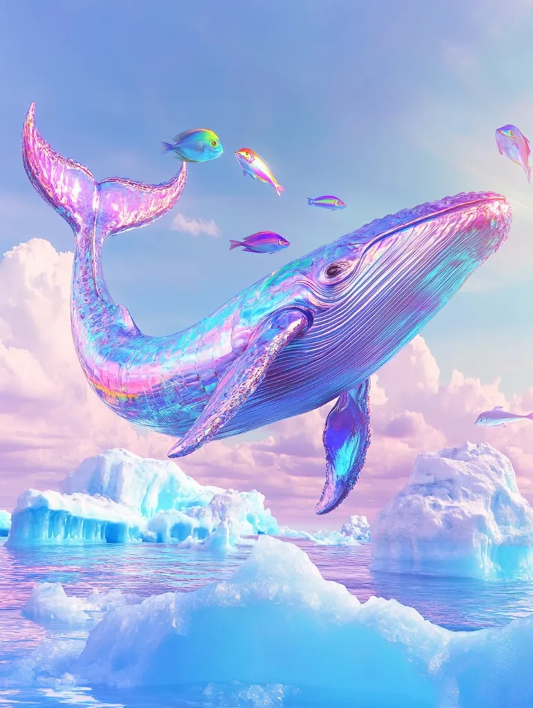 A large iridescent whale leaps through the air, its tail splashing into the water.  The whale is surrounded by colorful fish and icebergs.  The sky is a soft pink and blue, and the water is a turquoise blue.  The image is whimsical and magical, with a sense of peace and wonder.  It suggests a fantasy world where anything is possible.