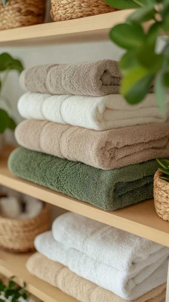 A wooden shelf with a stack of folded towels. There are two woven baskets on the shelf, one holding towels and the other empty. Green foliage and a green towel are visible. The towels are stacked in a variety of colours, including beige, white, and green. The image is clean and minimalist.