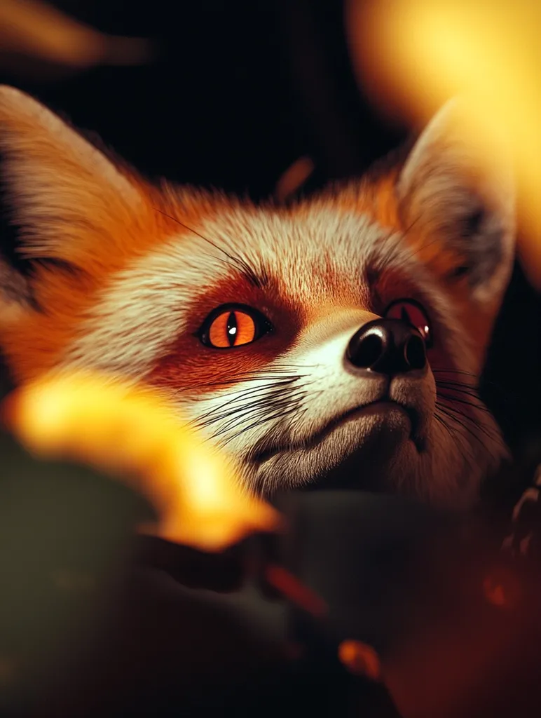 A close-up shot of a fox's face, looking up with a soft expression. Its fur is a mix of red and white, and its eyes are a deep, warm orange. The background is blurred, focusing attention on the animal's features. The light creates a warm, inviting atmosphere.  The image evokes a sense of curiosity and gentle beauty.
