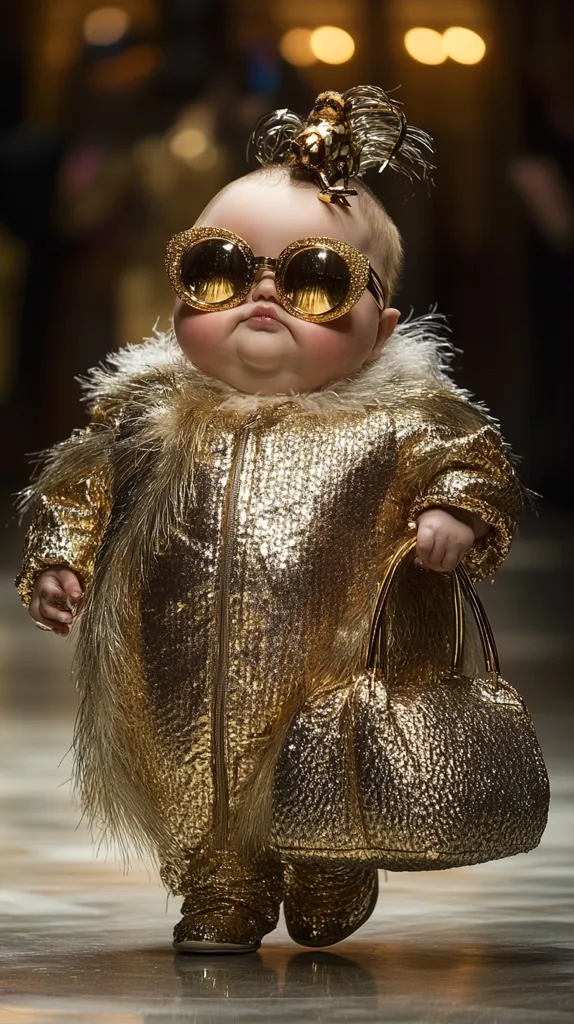 A baby dressed in a gold sequined jumpsuit and fur trim, accessorized with large sunglasses and a gold handbag. The baby's head is adorned with a golden bird-shaped hairpiece. The image is a humorous and whimsical representation of fashion for babies.  The baby is walking on a runway, suggesting a fashion show setting.