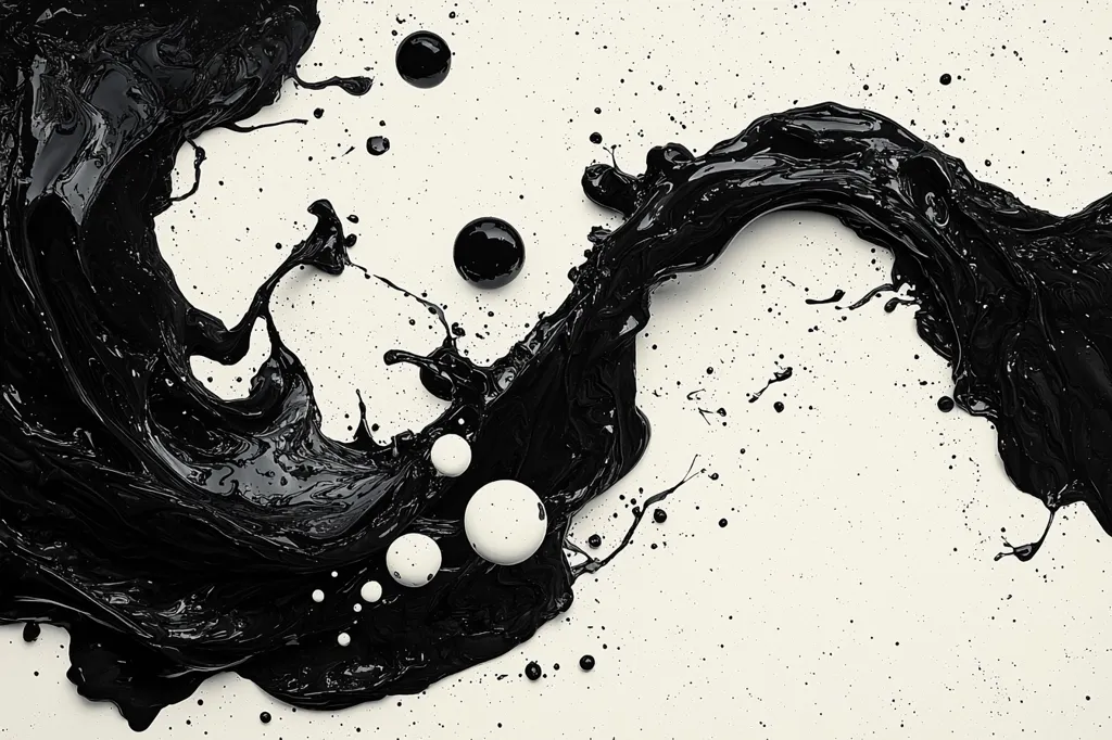 A white surface is splashed with black paint. The paint has created a large, flowing shape that curls on itself. There are several smaller black and white paint splatters scattered throughout the image. The texture of the paint is glossy and wet.
