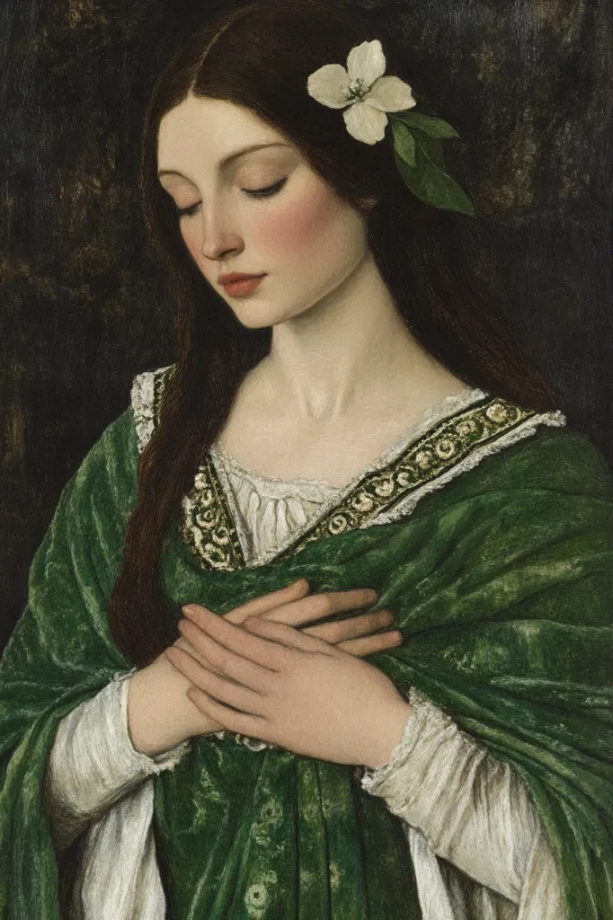 A young woman with long brown hair adorned with a white flower stands against a dark background. She is dressed in a green velvet gown with a white lace trim, and her hands are clasped in front of her. Her eyes are closed, and she has a contemplative expression on her face. The painting is rendered in a realistic style, with meticulous attention to detail. The overall tone of the image is serene and introspective.