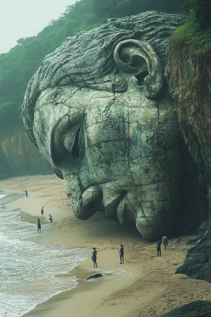 A massive, weathered stone face emerges from a cliffside, its closed eyes and downturned mouth suggesting a sense of weariness or sadness. The face looms over a sandy beach where several people are gathered, their small figures contrasting the colossal scale of the sculpture. The scene evokes a sense of wonder and mystery, hinting at a forgotten history or a mythical world.