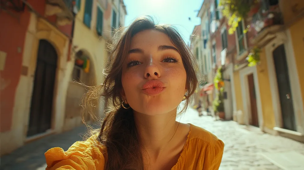 A young woman with long brown hair is standing in a narrow, cobblestone street. She is wearing a yellow top and looking directly at the camera with a playful expression. She is puckering her lips as if blowing a kiss, and the background is blurred, creating a sense of intimacy and focus on her. The warm sunlight filtering through the buildings adds a dreamy and inviting atmosphere to the scene.