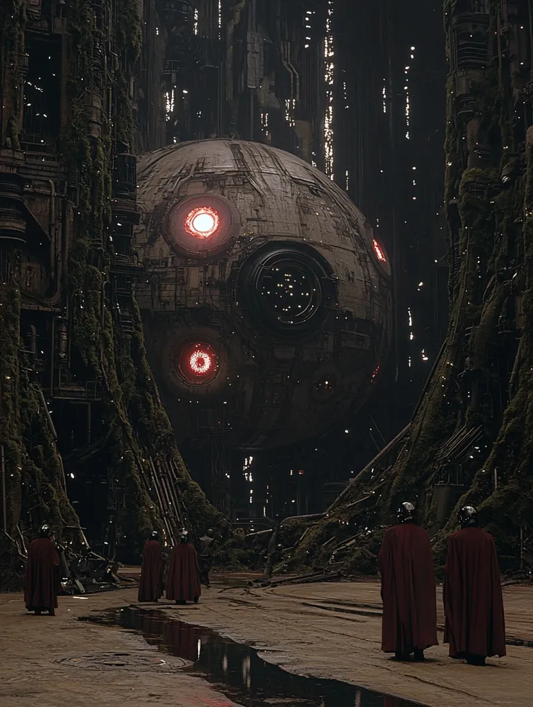 The image depicts a dark, futuristic scene with a large, spherical object floating in the center.  The object appears to be an enormous, metallic sphere with glowing red lights and a large, circular opening. Three cloaked figures walk away from the object, their backs to the viewer. The background is filled with tall, dark structures and swirling, mossy vines. The scene has a sense of mystery and impending danger.