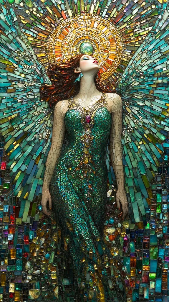 A woman with long flowing red hair is depicted in a mosaic artwork. She is wearing a sparkling green gown adorned with jewels. A halo of colorful mosaic tiles surrounds her head, resembling a sunburst with a central orb. The artwork is composed entirely of small, individually placed pieces of glass, creating a dazzling and textured visual effect. The colors used are predominantly jewel tones, with accents of gold and silver, creating a sense of opulence and beauty. The woman's face is delicately sculpted, with expressive eyes and lips, suggesting a sense of spiritual transcendence.