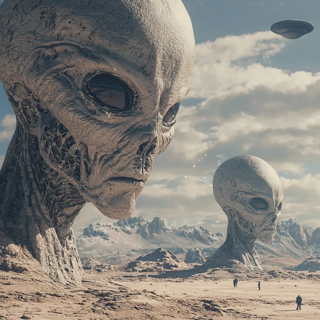 A desolate desert landscape features three large, grey alien statues with wrinkled skin and large eyes. The statues are positioned against a background of snow-capped mountains and a cloudy sky. In the distance, a small flying saucer is visible, adding to the otherworldly atmosphere.  A few figures are walking in the distance, suggesting a sense of exploration or observation.