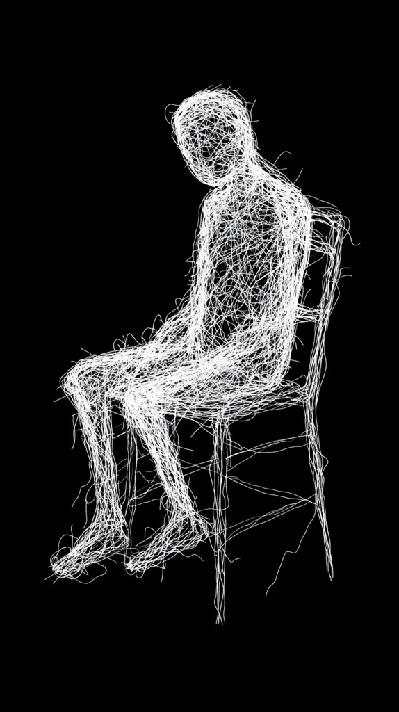 A figure, constructed from a web of white lines, sits in a chair. The figure is vaguely humanoid, with a head, arms, and legs, but the lines are so dense and tangled that it's difficult to make out any details. The chair is also made of lines, and it appears to be a simple, four-legged chair. The image is set against a black background, which further emphasizes the starkness of the figure and the chair.  The image evokes a sense of isolation and anonymity, suggesting that the figure is lost in thought or perhaps struggling with something difficult.